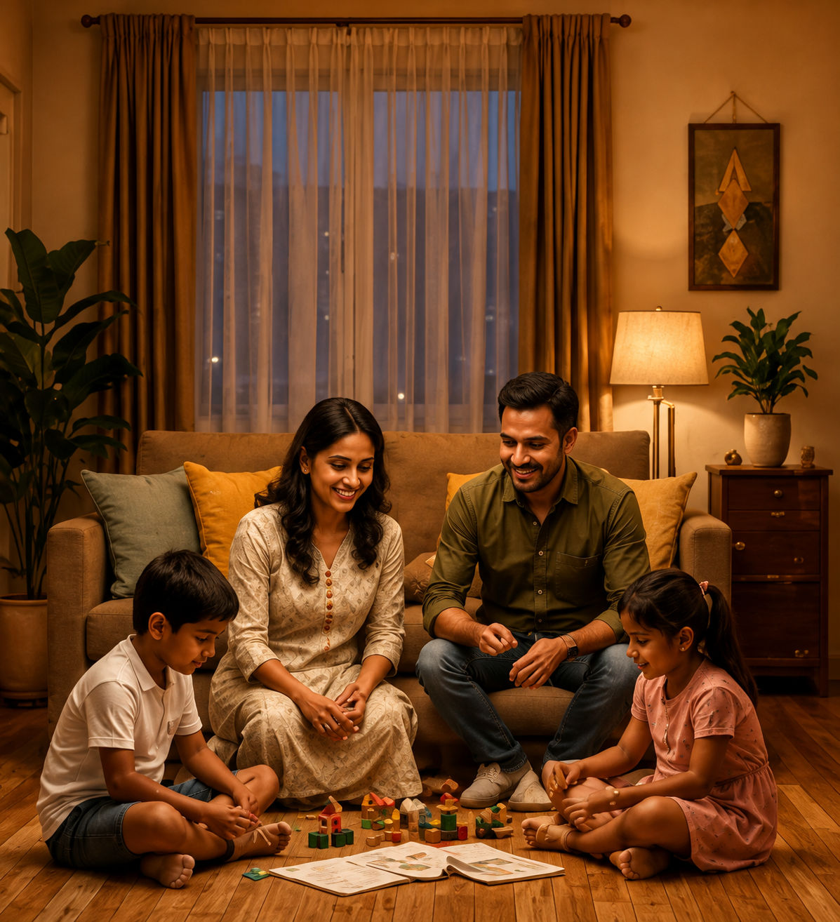 Parents and their two children playing with wooden blocks on the living room floor