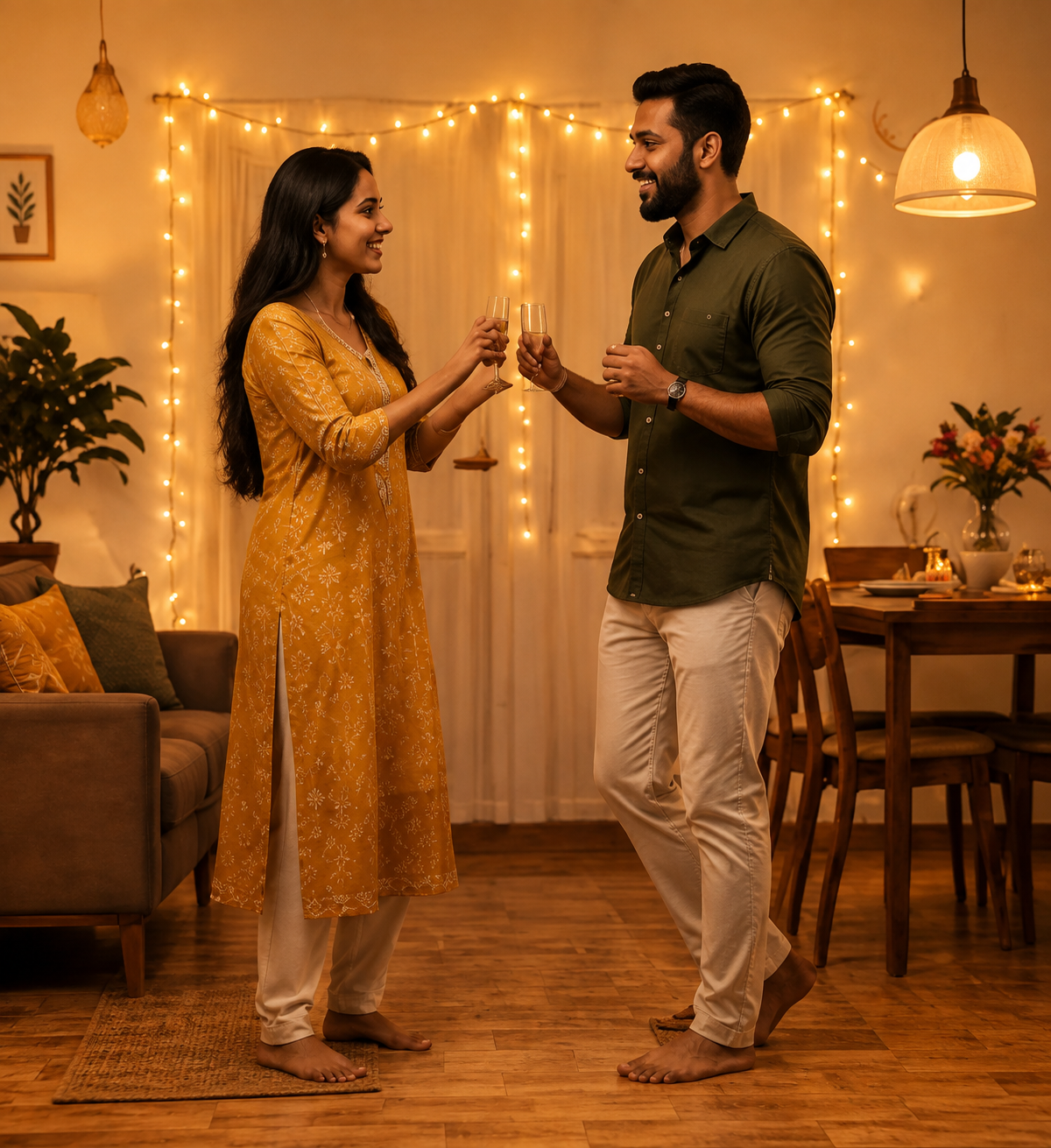 A young couple raising a toast in their new home, fairy lights strung behind them