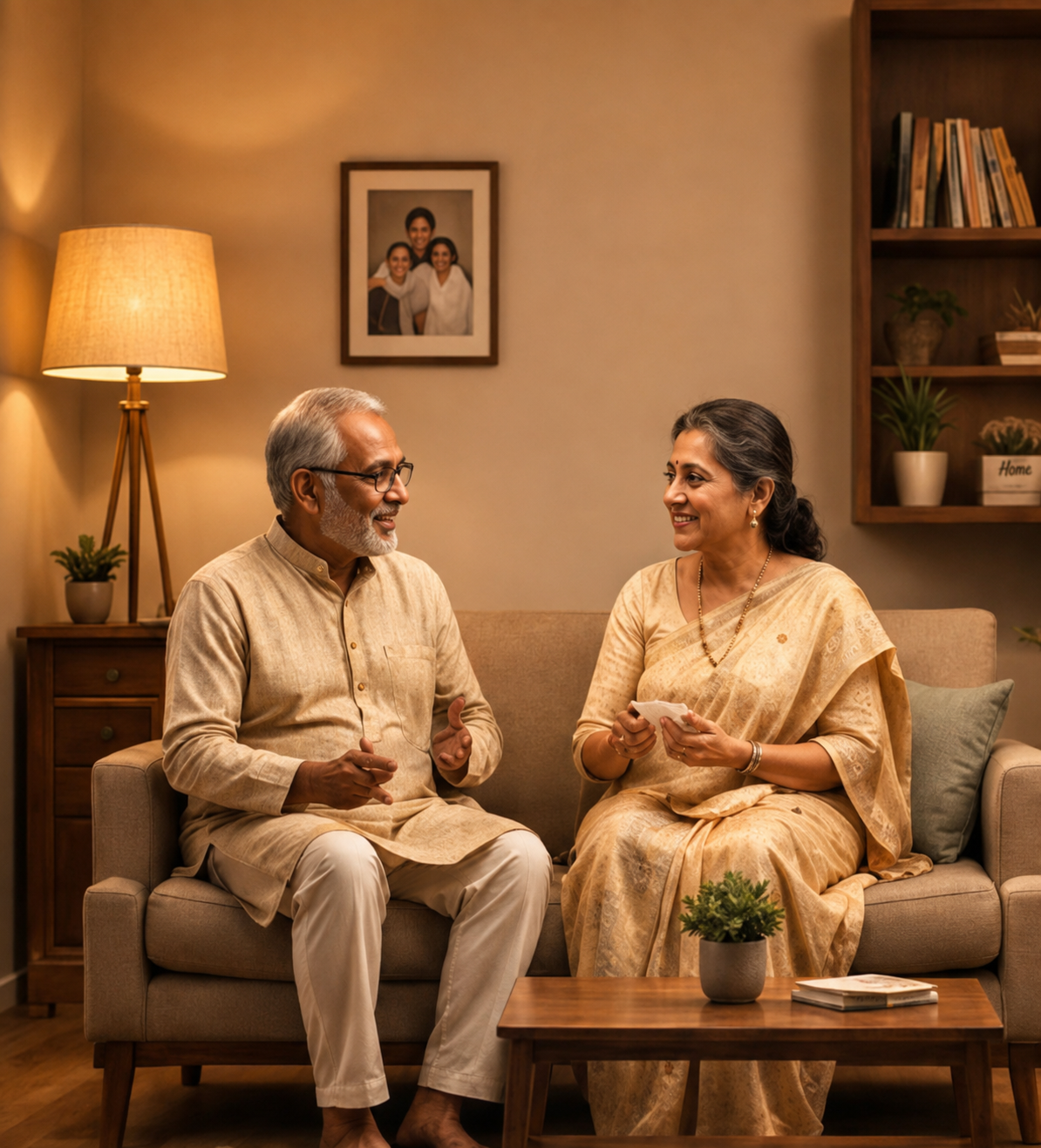 An older couple sitting together on the sofa in a warmly lit living room