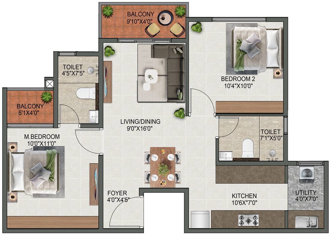 2 BHK Type 2 floor plan