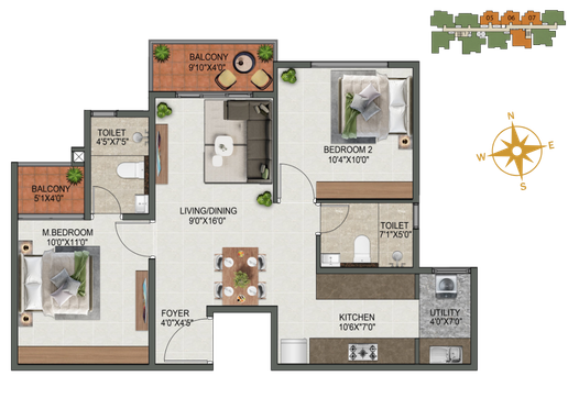 2 BHK Type 5, 6, 7 floor plan