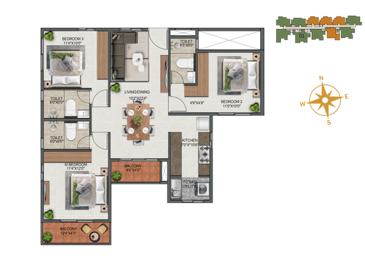 3 BHK Type 1 floor plan