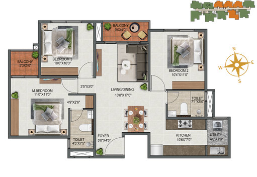 3 BHK Type 4 floor plan